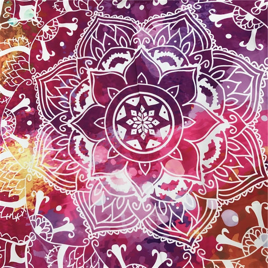 Mandala design with a pink and purple color scheme on a colorful background