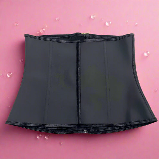 Black waist trainer on a pink bubbly background