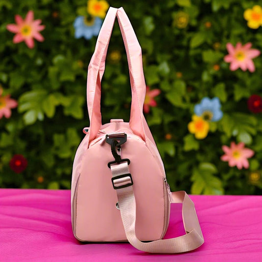 Pink gym bag with a floral background