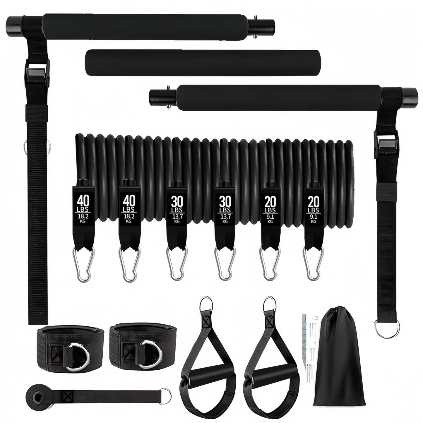 Collection of black resistance bands and fitness tools on a white background