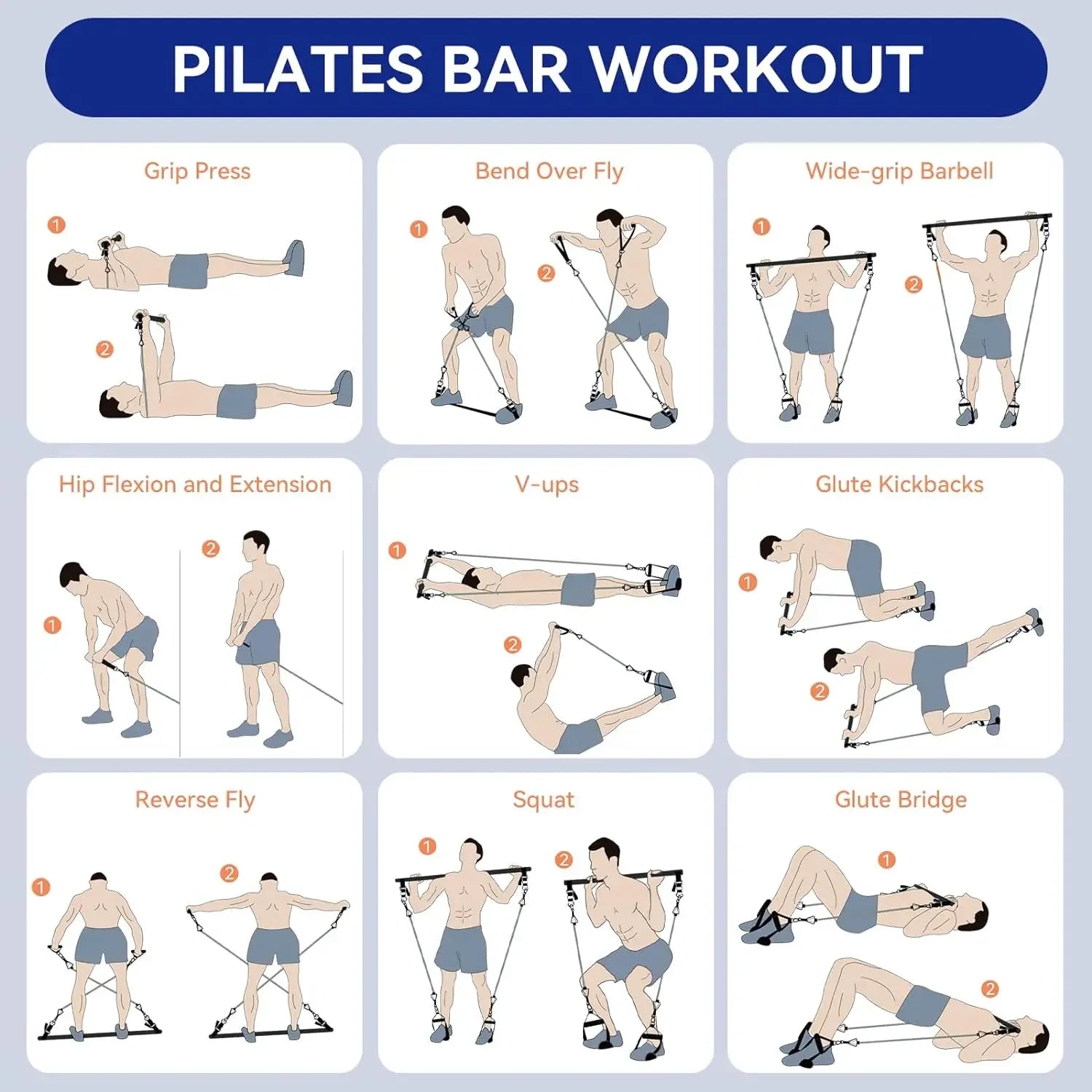 Illustrations of Pilates bar exercises with labels on a blue background