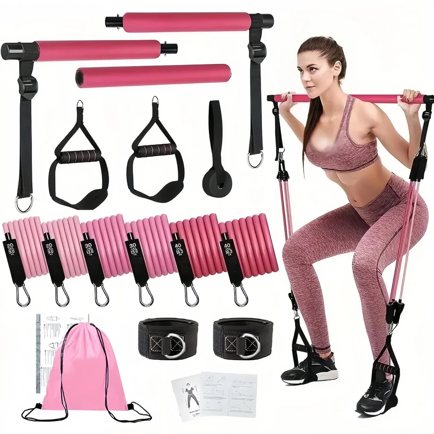 Collection of pink exercise equipment with a woman using resistance bands on a white background