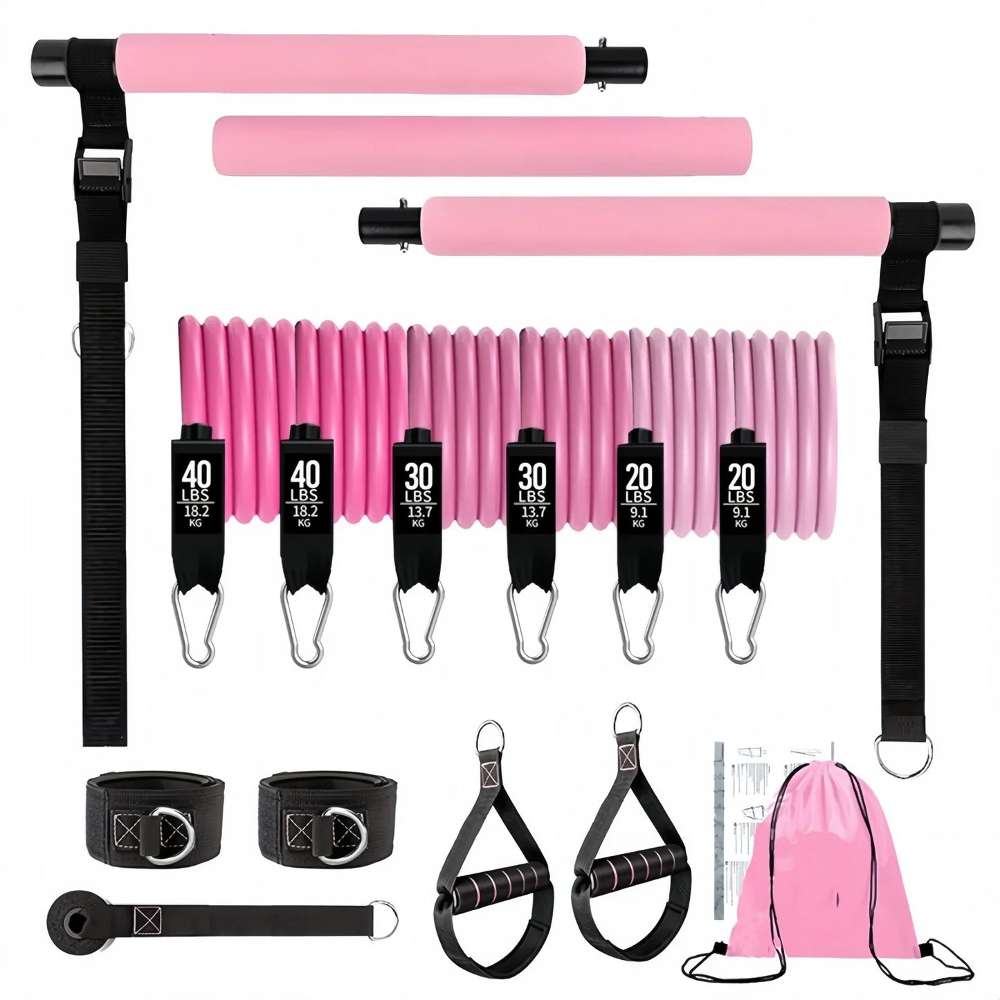 Pink resistance band set with various attachments on a white background