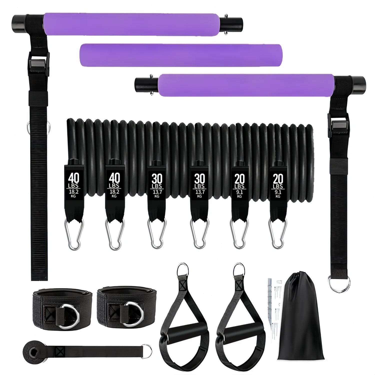 Collection of purple fitness equipment including resistance bands and straps on a white background