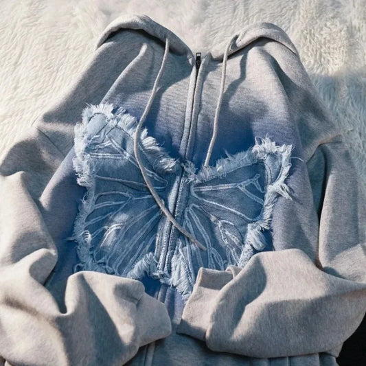 Glow Vault Butterfly Zip-Up Hoodie – Oversized Y2k