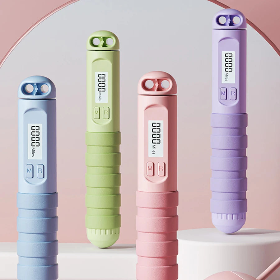 Four colorful digital jumpropes on a light pink background