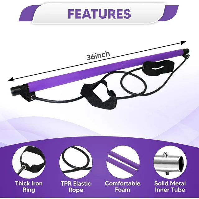 Purple exercise band with features listed on a white background