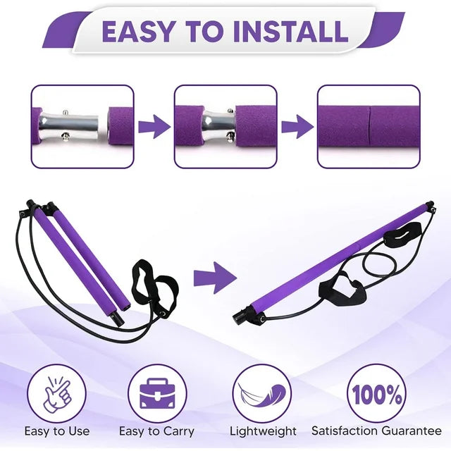 Purple resistance band set with installation steps and features on a white background