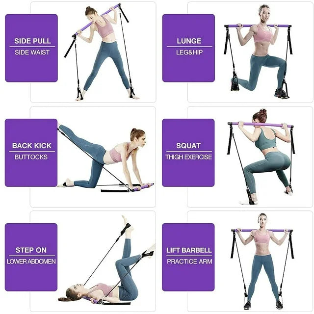 Woman performing various exercises using a resistance band with labeled movements on a white background.