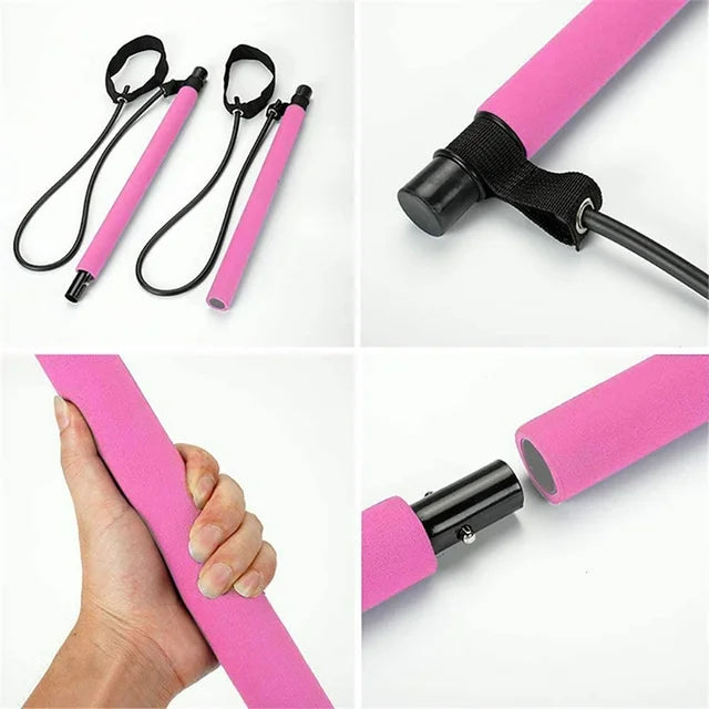 Collage of pink resistance bands with black handles on a white background