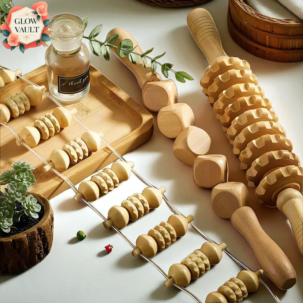 Set of wooden rolling pins on a light surface with decorative elements.