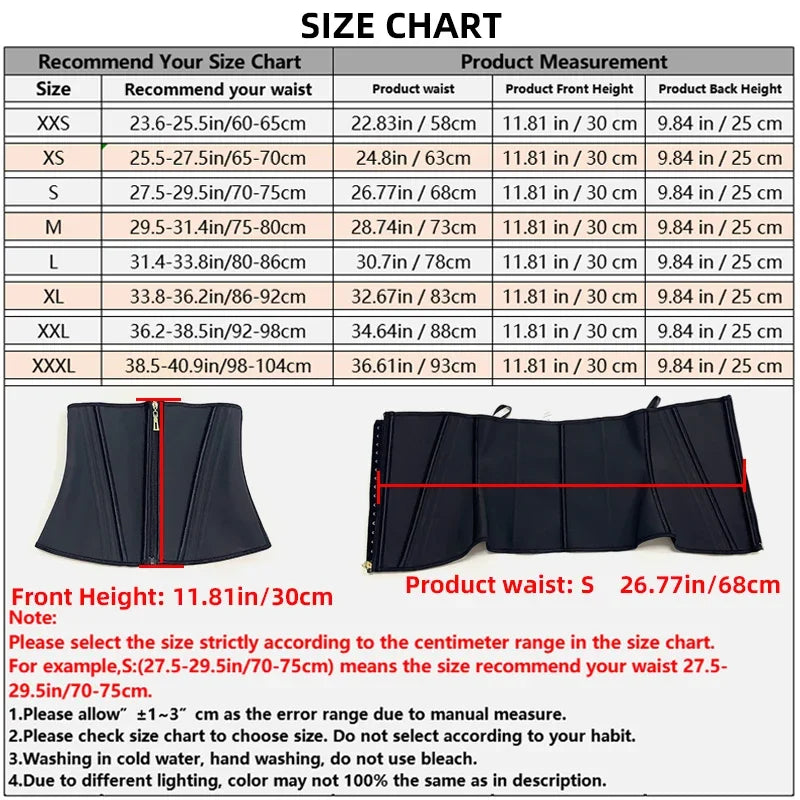 Size chart for a waist product with measurements and illustrations.